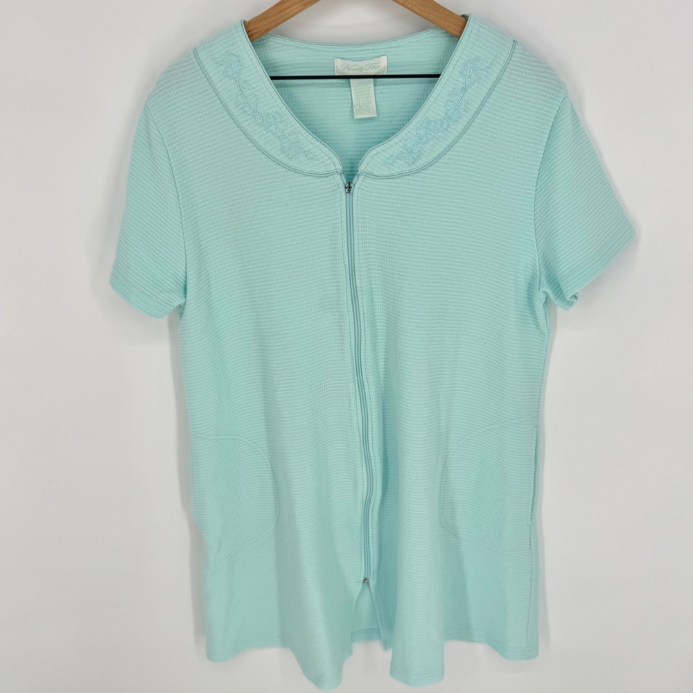 VTG Vanity Fair Mint Green Waffle Knit Zip Robe L Housecoat Spa Knee Length